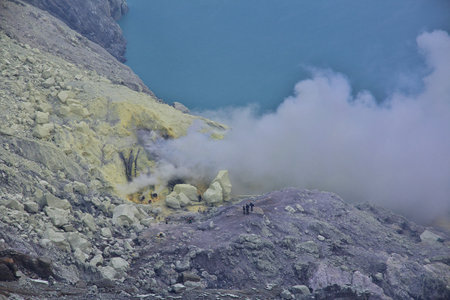 Ijen volcano / Indonesia - 04 Aug 2016: On the top of Ijen volcano, Indonesiaのeditorial素材