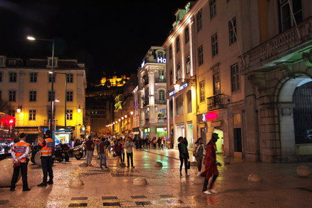 Lisbon / Portugal - 09 May 2015: The vintage street in Lisbon city at night, Portugalのeditorial素材