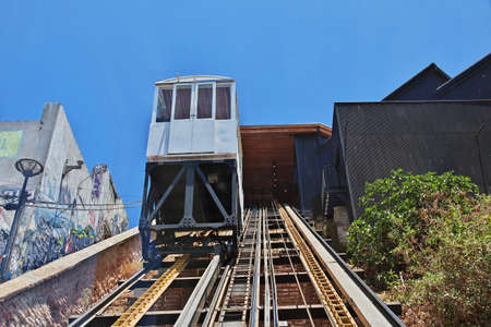 Valparaiso, Chile - 30 Dec 2019: The vintage funicular in Valparaiso, Pacific coast, Chile