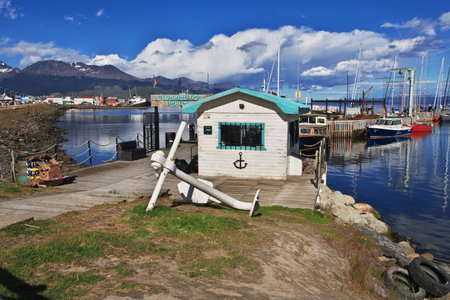 Ushuaia, Tierra del Fuego, Argentina - 22 Dec 2019. Seaport in Ushuaia city on Tierra del Fuego, Argentinaのeditorial素材