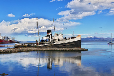 Ushuaia, Tierra del Fuego, Argentina - 22 Dec 2019. Christopher Shipwreck in Ushuaia city on Tierra del Fuego, Argentinaのeditorial素材