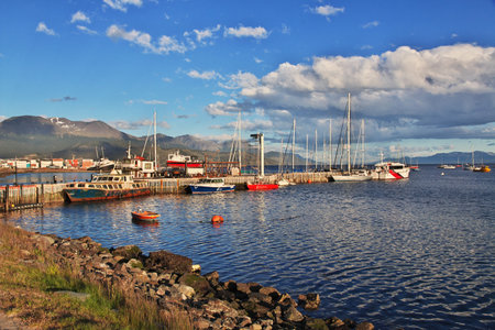 Ushuaia, Tierra del Fuego, Argentina - 22 Dec 2019. Seaport in Ushuaia city on Tierra del Fuego, Argentinaのeditorial素材