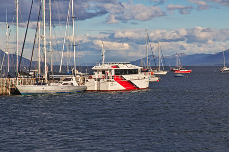Ushuaia, Tierra del Fuego, Argentina - 22 Dec 2019. Seaport in Ushuaia city on Tierra del Fuego, Argentinaのeditorial素材