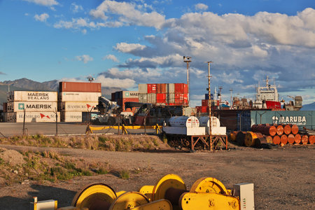 Ushuaia, Tierra del Fuego, Argentina - 22 Dec 2019. Seaport in Ushuaia city on Tierra del Fuego, Argentinaのeditorial素材