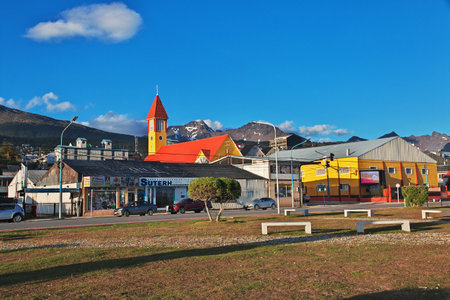 Ushuaia, Tierra del Fuego, Argentina - 22 Dec 2019. The church in Ushuaia city on Tierra del Fuego, Argentinaのeditorial素材