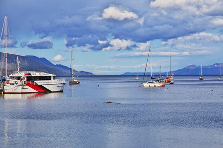 Ushuaia, Tierra del Fuego, Argentina - 22 Dec 2019. Seaport in Ushuaia city on Tierra del Fuego, Argentinaのeditorial素材