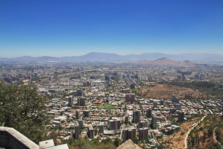 Panoramic view of Santiago from San Cristobal Hill, Chileのeditorial素材