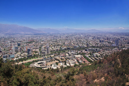 Panoramic view of Santiago from San Cristobal Hill, Chileのeditorial素材