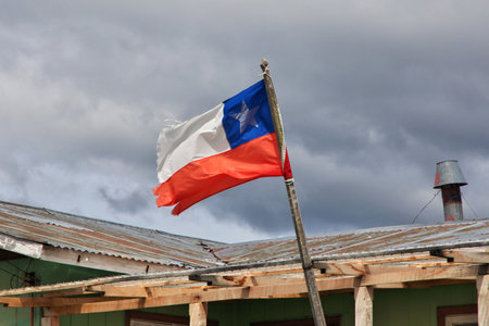 The flag in the village of Patagonia, Chileの写真素材