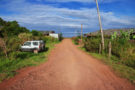 Hanga Roa, Easter Island, Chile - 26 Dec 2019: Rapa Nui. The road in Hanga Roa on Easter Island, Chileのeditorial素材