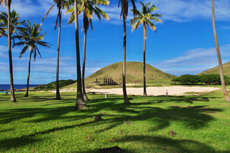 Rapa Nui. The statue Moai in Ahu Nau Nau on Easter Island, Chileのeditorial素材