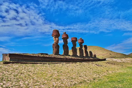 Rapa Nui. The statue Moai in Ahu Nau Nau on Easter Island, Chileのeditorial素材
