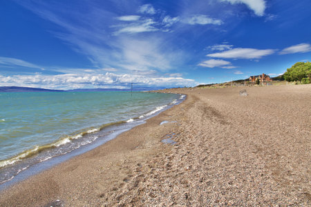 Lago argentino lake in Laguna Nimez Reserva, El Calafate, Patagonia, Argentinaの写真素材