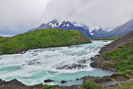 Waterfall Salto Grande in Torres del Paine National Park, Patagonia, Chileの写真素材