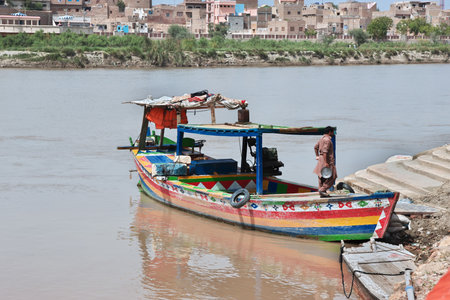 Sukkur, Pakistan - 24 Mar 2021: The boat of Indus River in Sukkur, Pakistanのeditorial素材