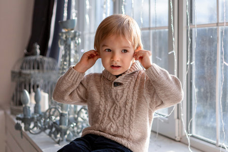 A blond-haired boy is playing near the windowの写真素材