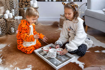 Children in kigurumi pajamas sit on the floor and drink cocoa and cookiesの写真素材