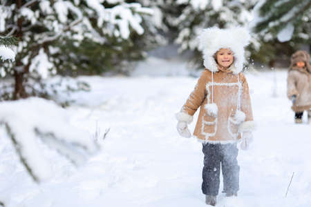 Brother and sister are running in the snow between the pines and laughing.の写真素材