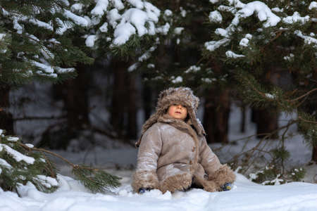 A cute boy in a fur coat and a hat with earflaps walks in winterの写真素材