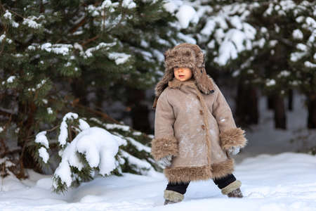 A cute boy in a fur coat and a hat with earflaps walks in winterの写真素材