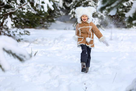 A girl in a fur hat and fur coat is playing in a snowy forestの写真素材