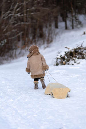 A child carries a sled by a rope on a snowy road. A boy in winter folk clothesの写真素材