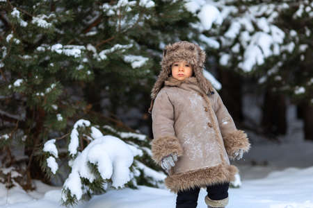 A cute boy in a fur coat and a hat with earflaps walks in winterの写真素材
