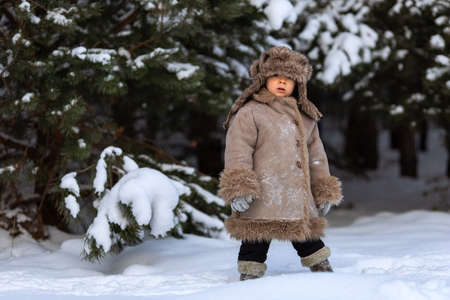 A cute boy in a fur coat and a hat with earflaps walks in winterの写真素材