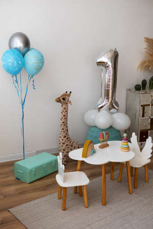 A photo zone for a birthday boy in 1 year with balloonsの写真素材