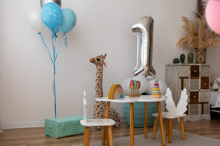 A photo zone for a birthday boy in 1 year with balloonsの写真素材