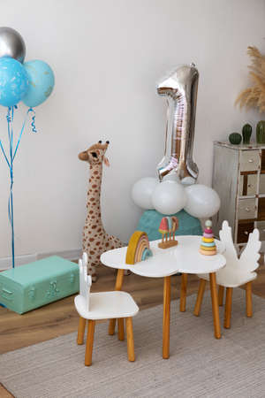 A photo zone for a birthday boy in 1 year with balloonsの写真素材