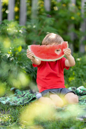 A child and a watermelon.Funny kid eating watermelon outdoors in park, sly lookの写真素材