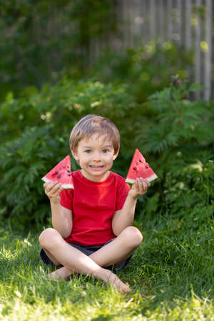 A little boy with pieces of watermelon is sitting on a blanket.の写真素材