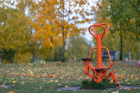 Bright colors of autumn in the city park.Orange sports simulatorの写真素材