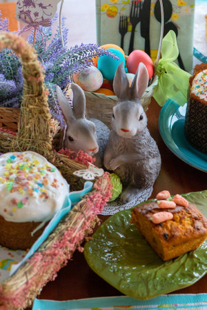 The decor of the festive table for Easter.The atmosphere of home comfort.
