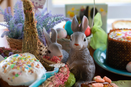 The decor of the festive table for Easter.The atmosphere of home comfort.