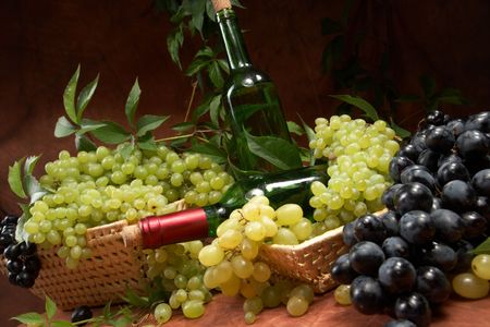 White dry wine, fresh clusters of a grapesの写真素材