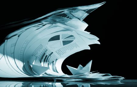 Business concept, paper boat and tsunami documentsの写真素材