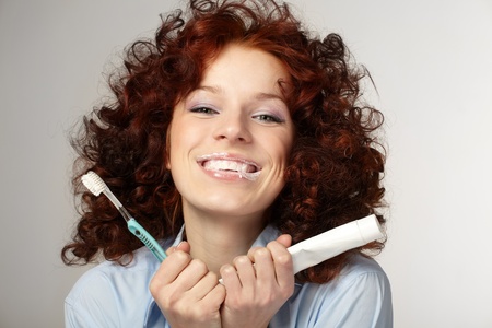 Young beauty woman clean teethの写真素材