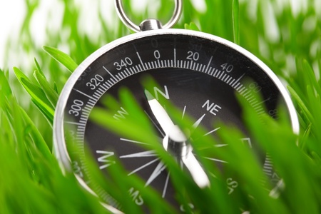 compass in green grassの写真素材