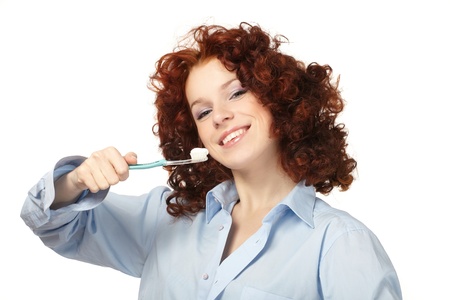 Young beauty woman clean teethの写真素材