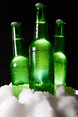 beer bottles in snowの写真素材