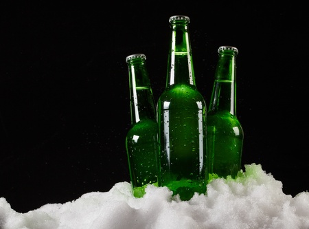 beer bottles in snowの写真素材