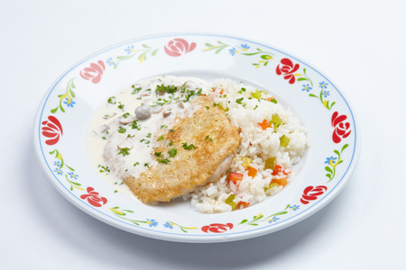 schnitzel with riceの写真素材