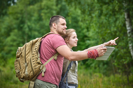 two travelers in the forestの写真素材