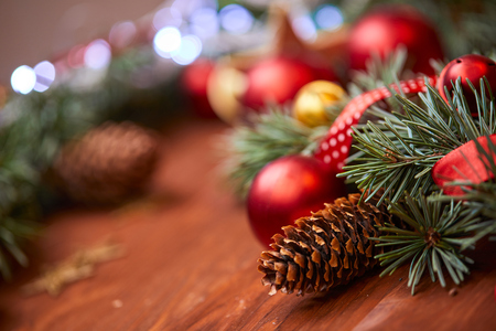 christmas wreath with red and golden ballsの写真素材