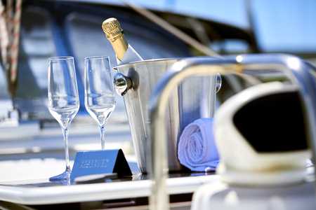 glasses of champagne on yachtの写真素材