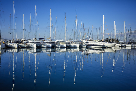 Yachts parking in harborの写真素材