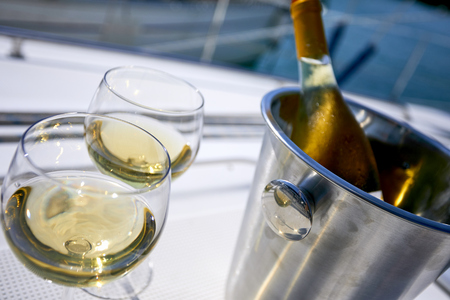 white wine on the yachtの写真素材