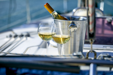 white wine on the yachtの写真素材